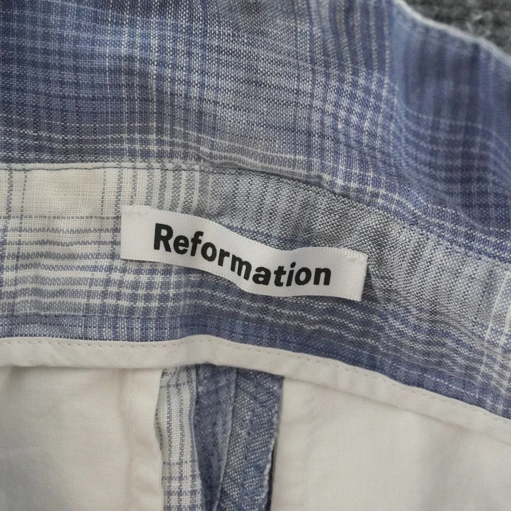 Reformation Tapered Pants Womens 27 Blue Plaid High Rise Linen Tie Waist
